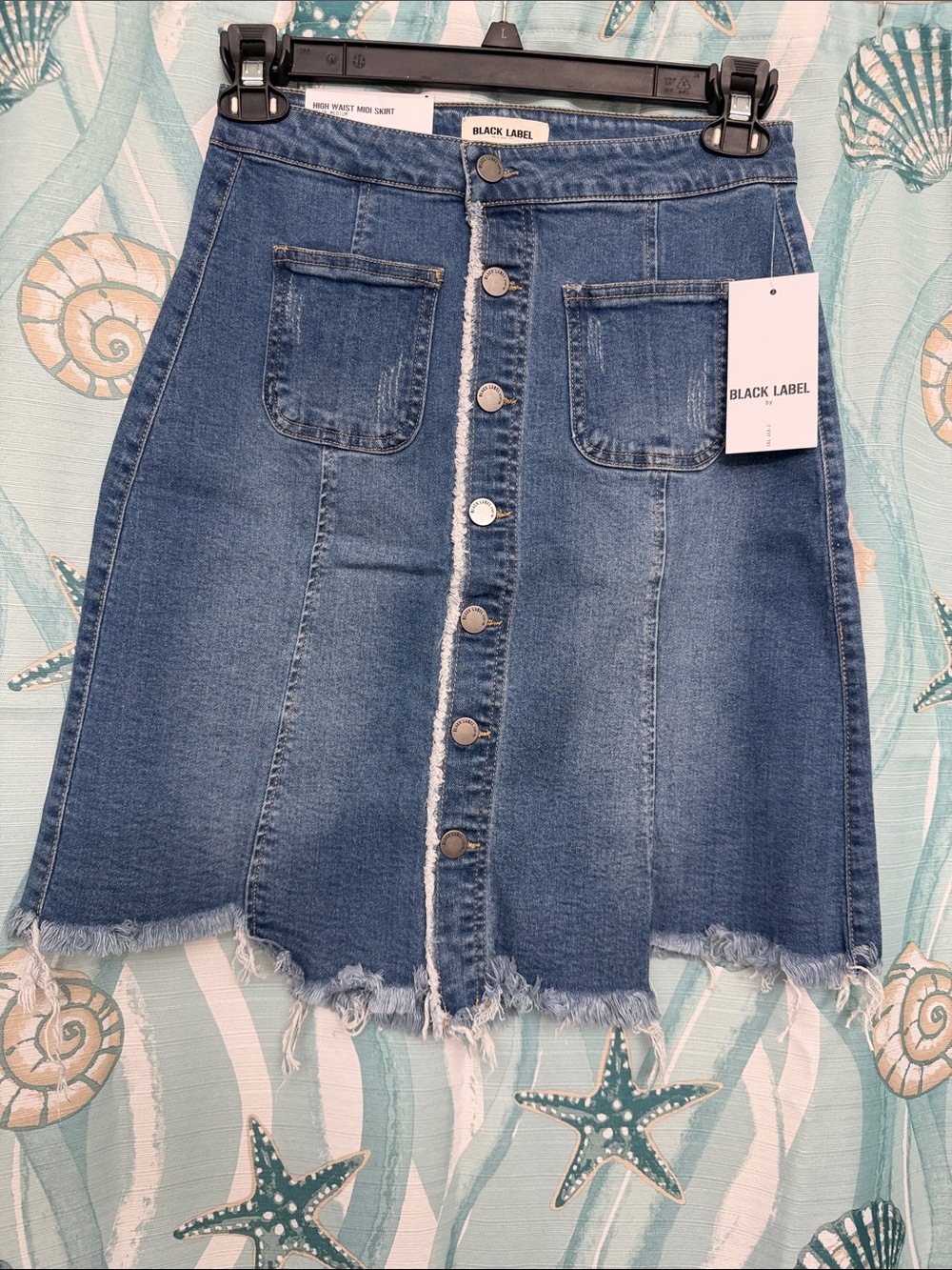 Black Label Blue Denim Button-Front A-Line Skirt
